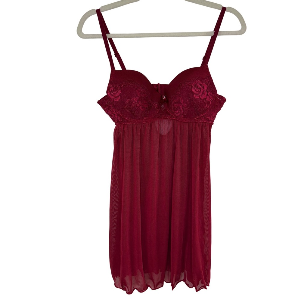 Cosmopolitan Babydoll Chemise Womens Small Burgundy Red Good Floral Lace Mesh